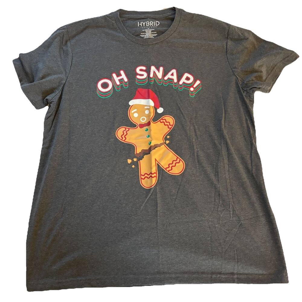 New Hybrid Apparel Gray Holiday Gingerbread Man "Oh Snap!” T-shirt Size Large